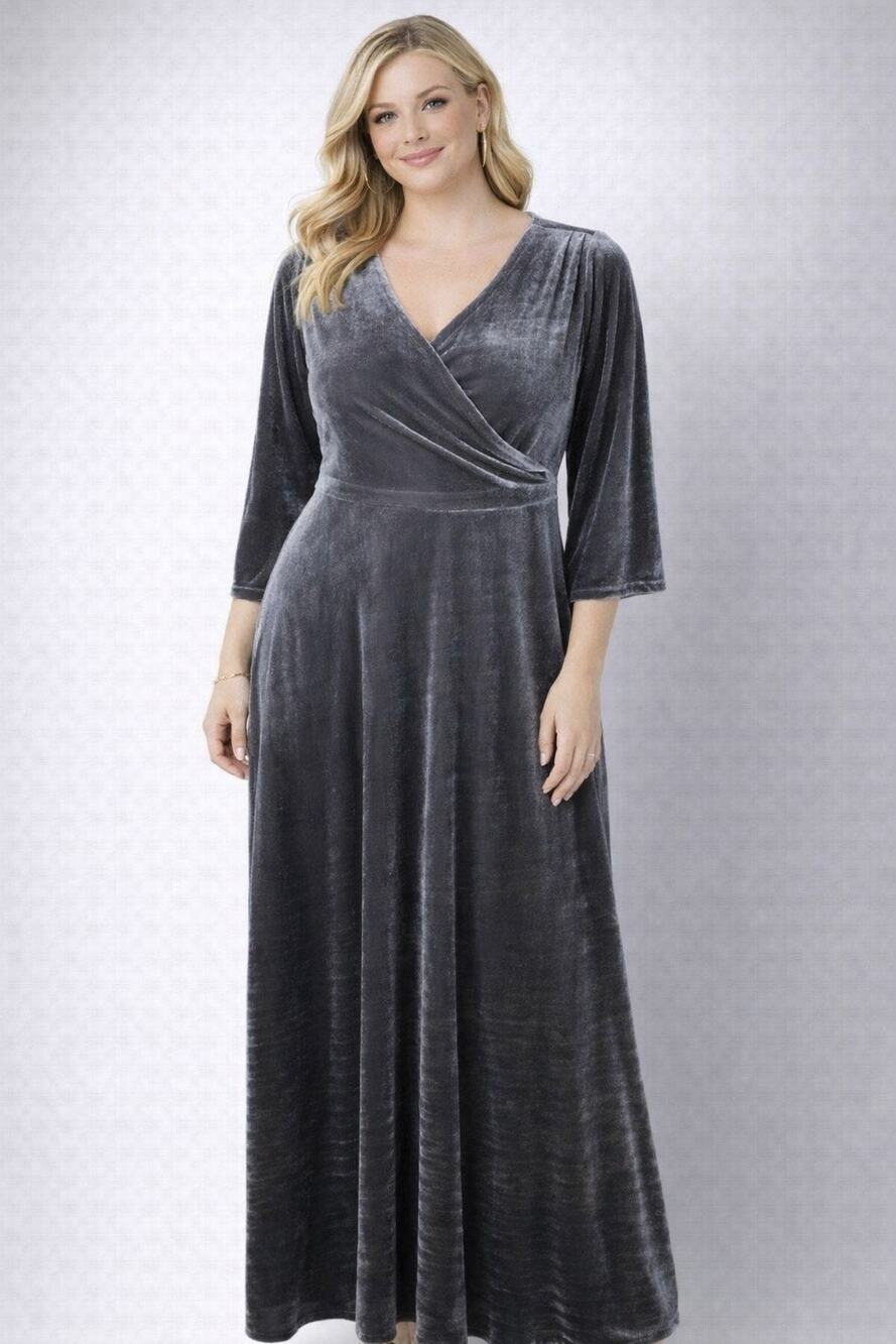 Soft Surroundings Gray Vera Velvet Faux Wrap Maxi Dress Wedding Dress Large